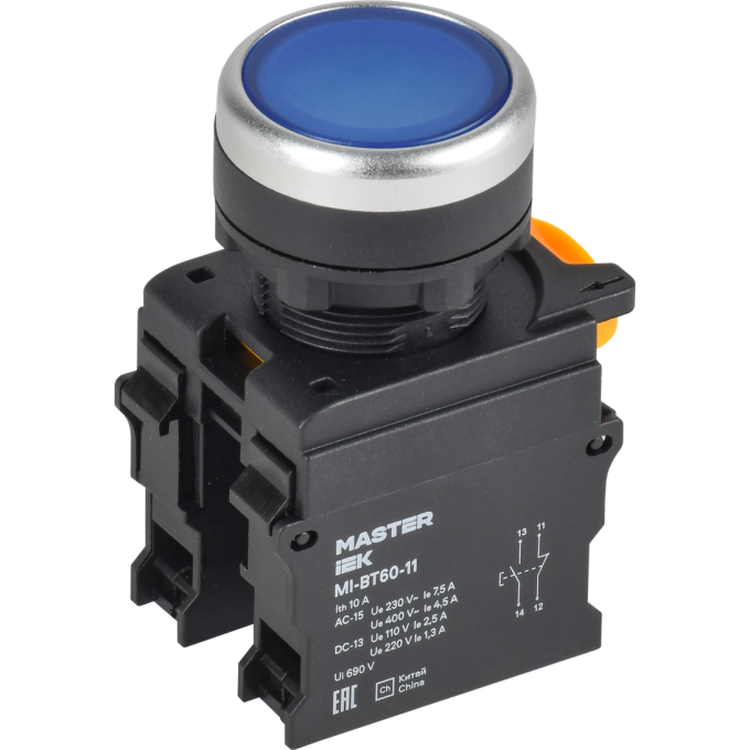 Кнопка IEK MASTER MI-BT60-11-3-22-K07 d=22мм 1NO+1NC синяя MI-BT60-11-3-222-K07